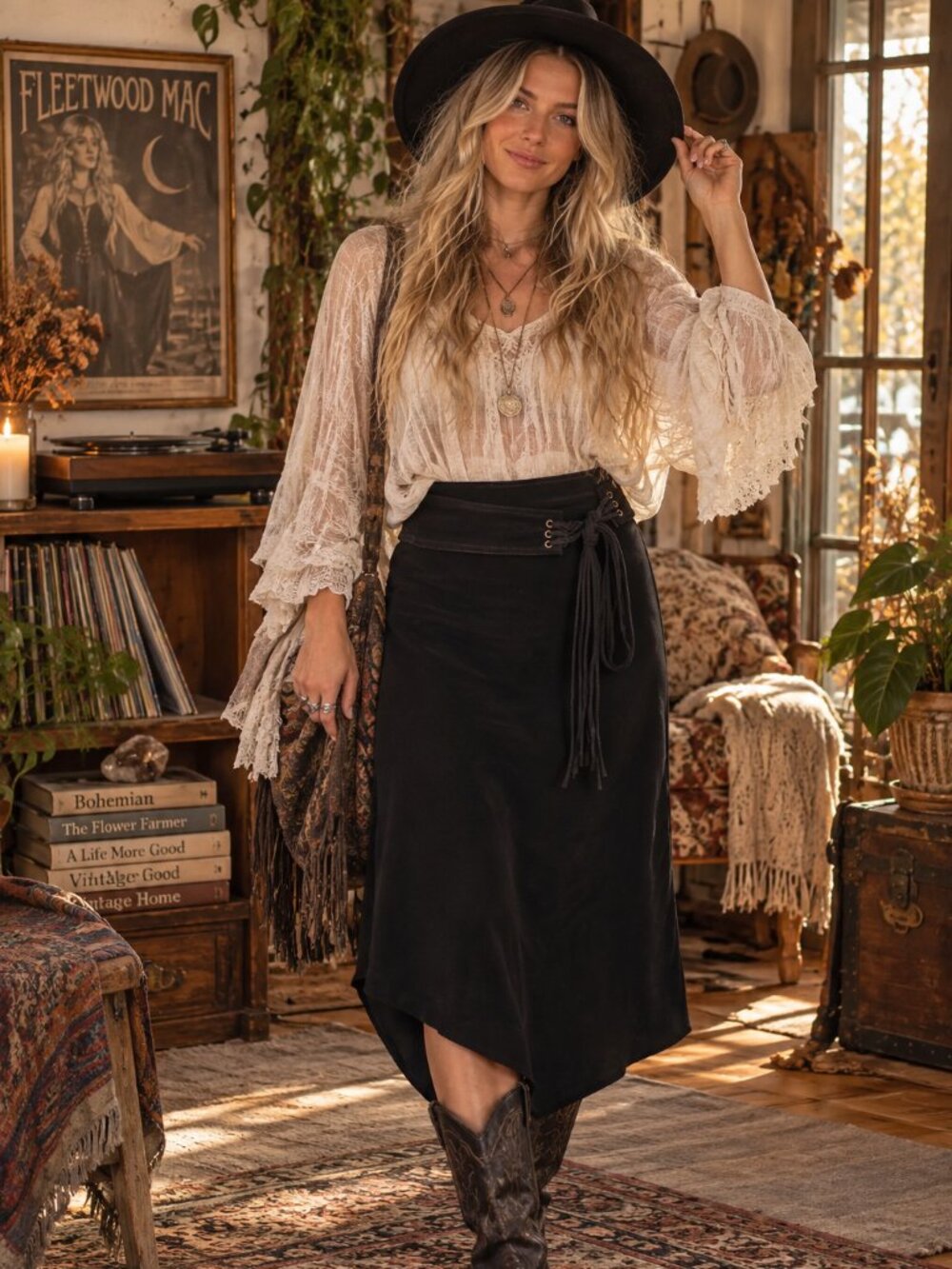 Vintage Faux Suede Tie Front Midi Skirt